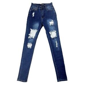 Fashion Nova Womens 3/4 Distressed Skinny Jeans Blue High Rise Y2K Baddie Edgy